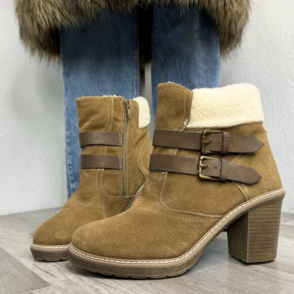 Suede Heeled Ankle Boots Buckle Tan White Mountain Size 9 - Picture 1 of 7